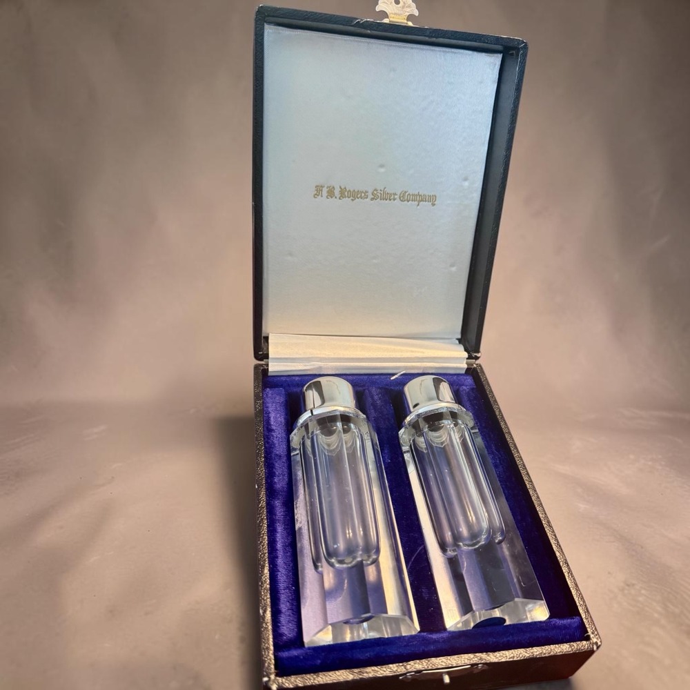 Vintage F.B. Rogers Crystal Salt & Pepper Shakers Japan Chrome Tops Box